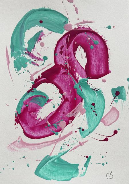Abstraktes Gemälde aus schlingenförmigen Strichen in Magenta und Mintgrün mit weichen rosa Akzenten und feinen Spritzern.
