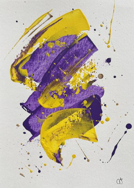 Abstraktes Gemälde aus sich überlagernden gelben und violetten Bändern, mit hellbraunen und violetten Spritzern.