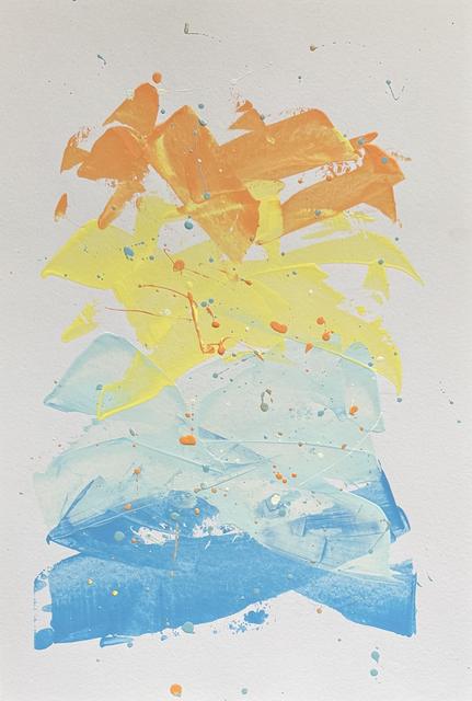 Abstraktes Gemälde aus übereinandergestapelten Pinselstrichen in Orange, Gelb, Hellblau und leuchtendem Blau von oben nach unten, mit kleinen Spritzern.