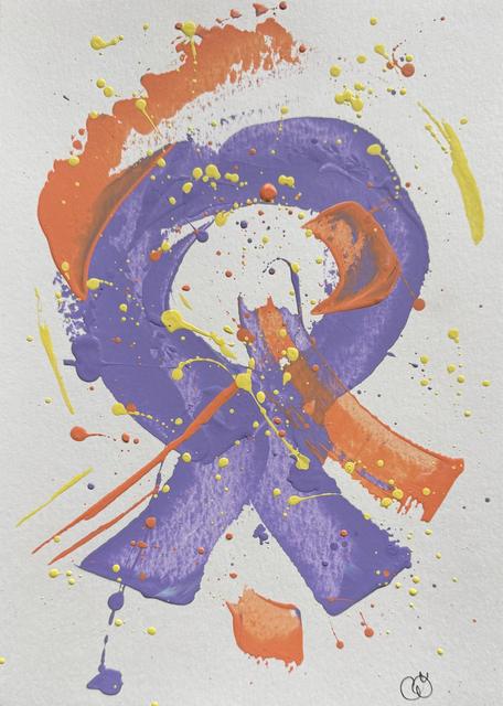 Abstraktes Gemälde einer flieder-violetten Schlinge, gekreuzt von orangen Strichen, mit gelben und orangen Spritzern.