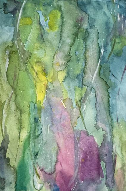 Fließendes Aquarell in geschichtetem Grün, Petrol und Gelb, mit einem warmen rosa und violetten Bereich am unteren Rand.