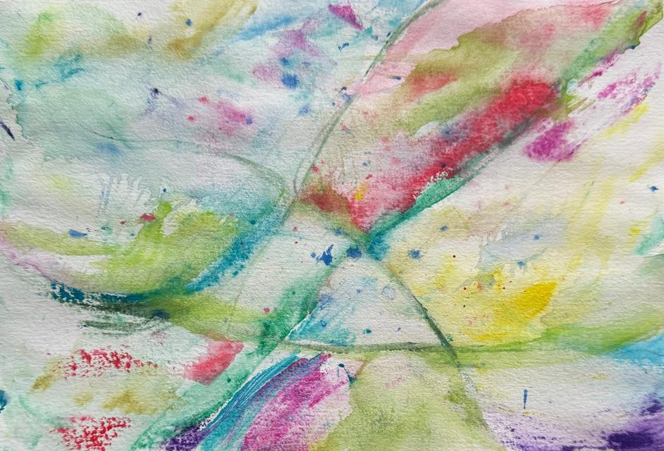 Helles Aquarell in Mint, Rosa, Rot, Gelb und Blau, mit feinen grünen Linien, die sich in der Mitte kreuzen.
