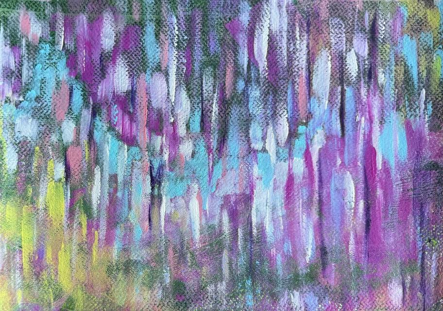 Abstraktes Gemälde aus senkrechten Pinselstrichen in Lila, Magenta, Türkis und Limette, überzogen von einer feinen grünen Punktstruktur, wie ein Garten im Regen.