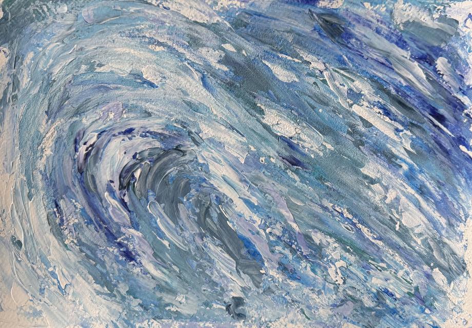 Abstraktes Gemälde einer wirbelnden Welle in Blau, Grau, Flieder und Weiß, mit dicken Strichen, die sich nach unten links einrollen.