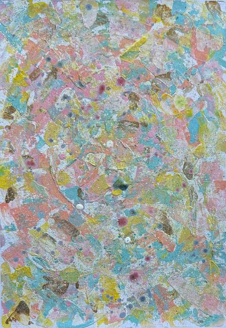 Konfettiartiges abstraktes Gemälde in Pastell-Koralle, Türkis, Gelb und Rosa mit kleinen goldenen und grauen Sprenkeln.