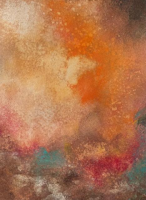 Weiches, strukturiertes abstraktes Gemälde in leuchtendem Orange und Pfirsich mit rosa, türkisen und dunkelbraunen Akzenten.