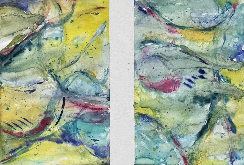 Aquarell in Gelb, Petrol und Blau mit magentafarbenen und marineblauen Zeichen, geteilt durch einen senkrechten Streifen unbemalten Papiers.