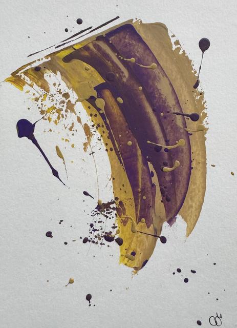 Abstraktes Gemälde eines geschwungenen Zugs in Gold und tiefem Violett, mit dunkelvioletten Tropfen und Spritzern auf hellem Papier.
