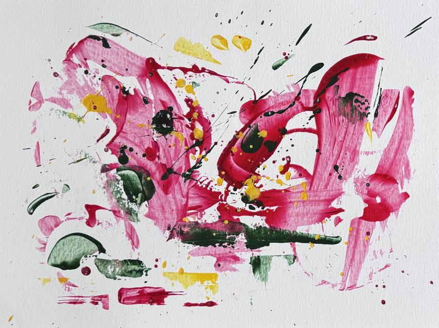 Abstraktes Gemälde aus kräftigen rosa und magentafarbenen Strichen mit dunkelgrünen und gelben Zeichen und Spritzern.