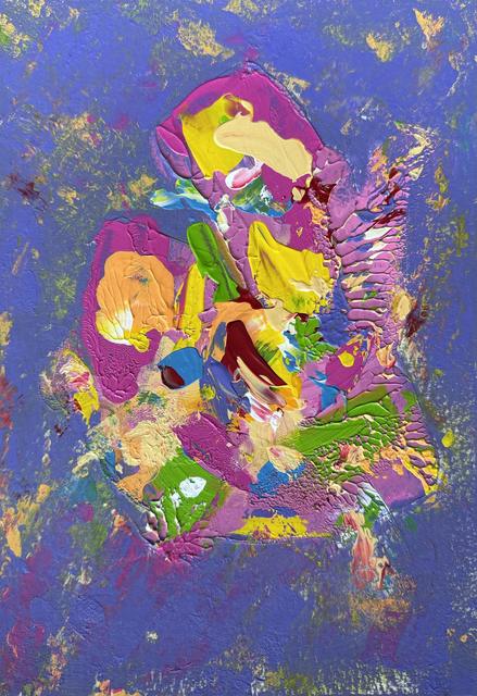 Abstraktes Gemälde einer dichten Ansammlung dicker Farbe in Magenta, Gelb, Limettengrün, Orange und Blau auf violettblauem Grund.