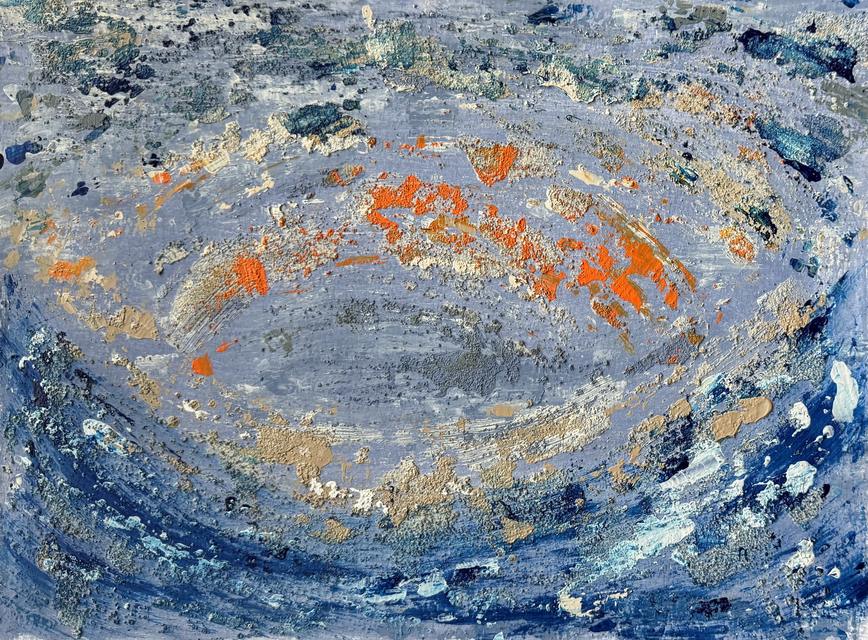 Strukturiertes abstraktes Gemälde eines blauen und graublauen Ovals mit Ausbrüchen aus oranger und sandfarbener, bröckeliger Farbe in der Mitte, umgeben von tiefblauen Strichen.