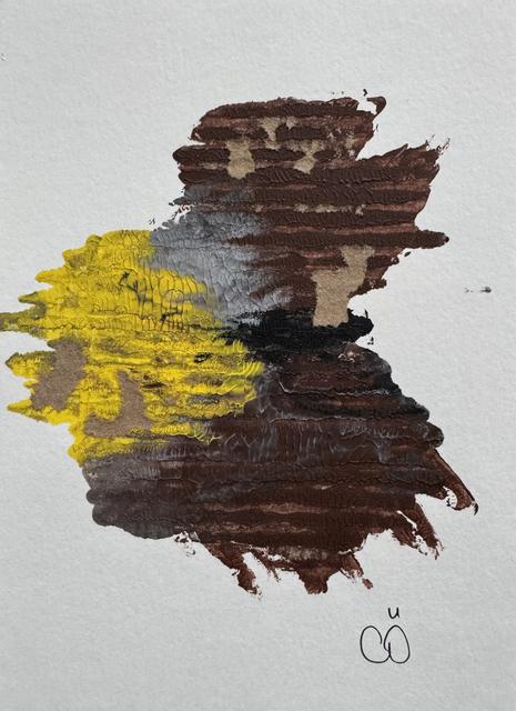 Abstraktes Gemälde in waagerechten, gerippten Schichten aus Braun und Gelb mit Grau und Schwarz und kleinen Stellen unbemalter brauner Pappe auf hellem Papier.