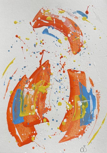 Abstraktes Gemälde aus zwei geschwungenen orangen Zügen mit blauen und gelben Flecken, weißen und gelben Spritzern und himmelblauen Punkten.