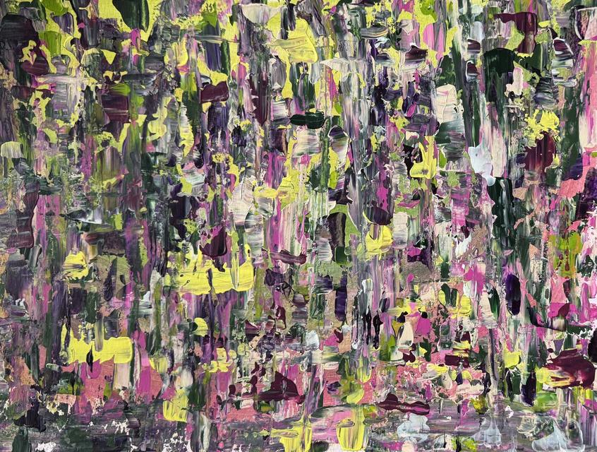 Abstraktes Gemälde aus senkrechten Strichen in Neongelb, Magenta, Rosa, Dunkelgrün und tiefem Violett, wie ein blühender Garten.
